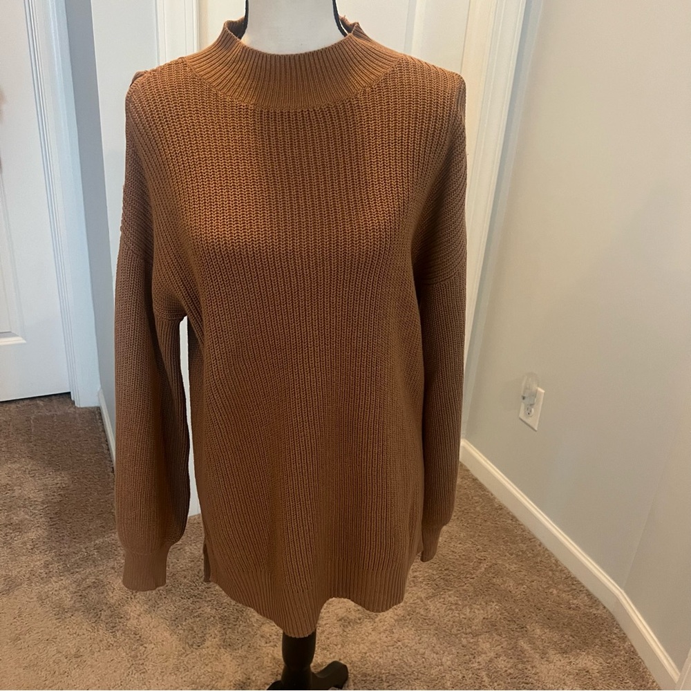 INC International Concepts Brown Ribbed Cowl Neck cold shoulder Sweater. NWOT